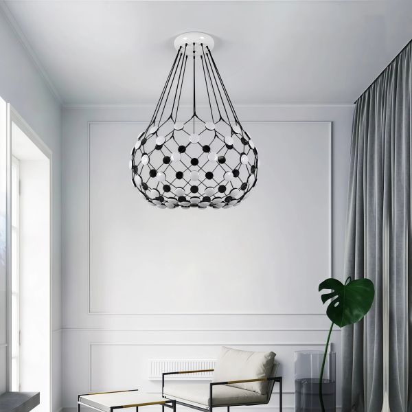 JYLIGHTING Modern Black & White Mesh Chandelier, Geometric Grid LED Pendant Light with Acrylic Discs for Living Room & Dining Room