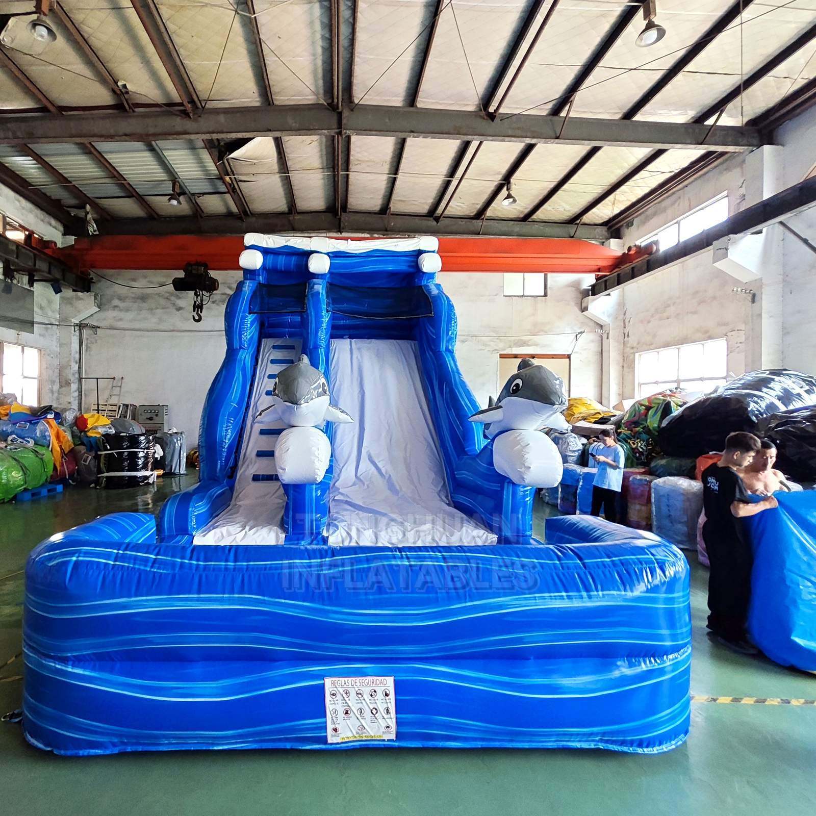 Commercial Blue Whale Inflatable Water Slide with Dual Lanes Splash Pool and Safety Walls for Water Parks Resorts and Rentals