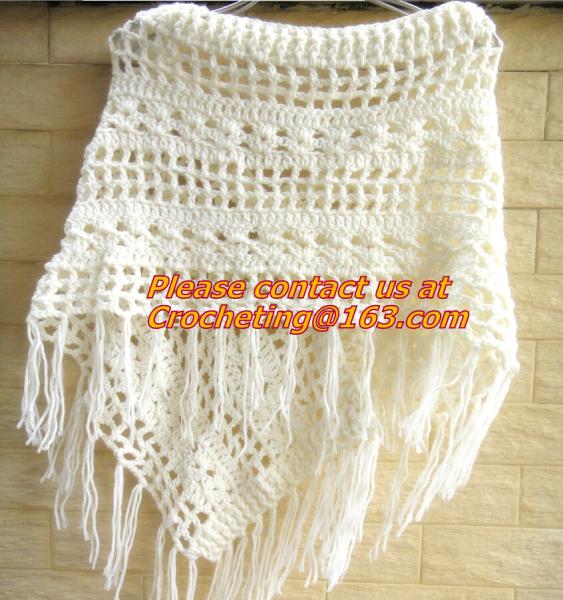 White Fringe Crochet Cape Poncho Shawl Wrap Jacket Granny Square Pattern Hippie Clothing