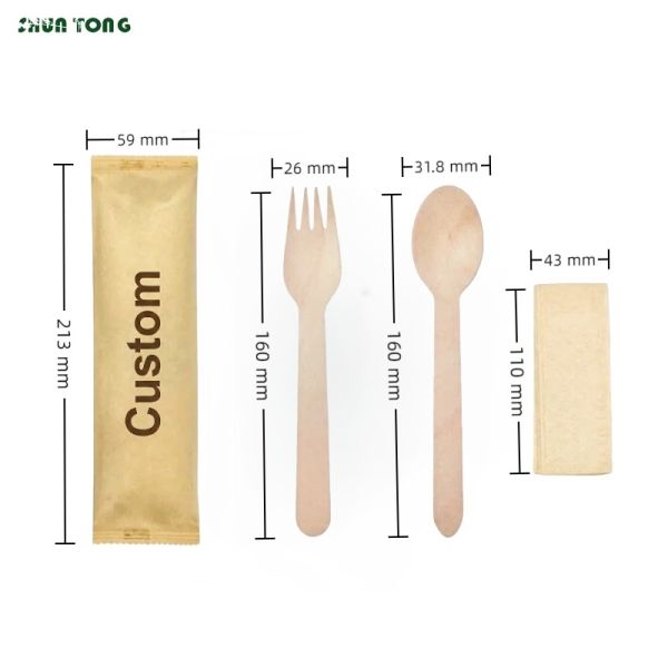 Premium Birch Bamboo Wooden Utensils Disposable Cutlery Set 160mm Spoons And Forks