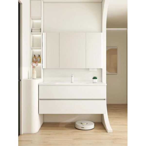 Wall Hung PVC Bathroom Cabinet Vanity With Vessel Sink Toilet White Rectangle 36 x 22