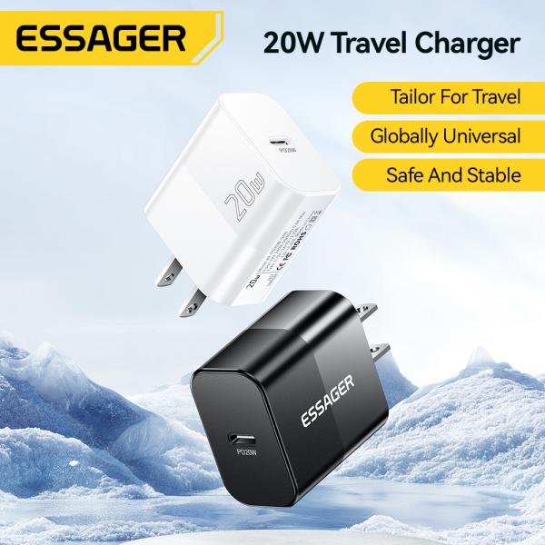 ESSAGER PD 20W Usb C Fast Charging Gan Mobile Cell Phone Charger Us Eu Uk Plug Mini Portable