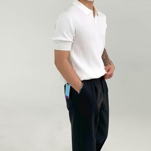 2024 Verão Moda Elegante Trendy Quarter Manga Plain Polo Collar T-shirt para Homens