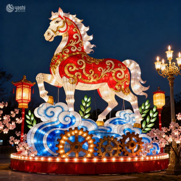 Custom Chinese Style Horse Lantern With Cloud & Gear Base, Giant Traditional Animal LED Light Sculpture for New Year Festival Light Show
