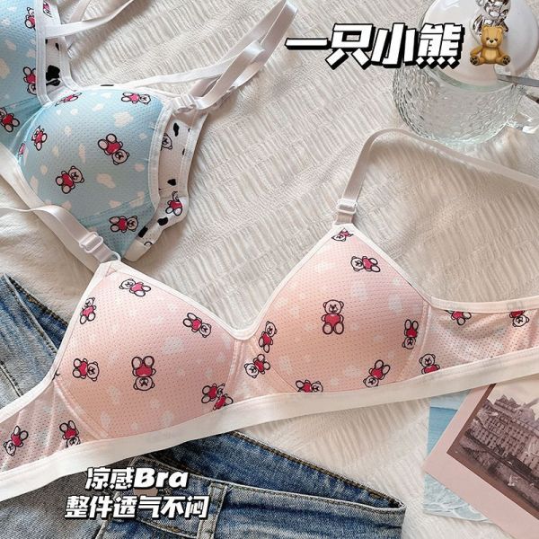 Sweet Cartoon Bear Triangle Cup Underwear for Women With Small Breast Gathered High School Students for Small Breast Slim Girls