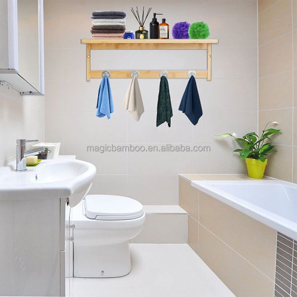 Современная и функциональная твердая бамбуковая деревянная баня с 4 крючками из нержавеющей стали