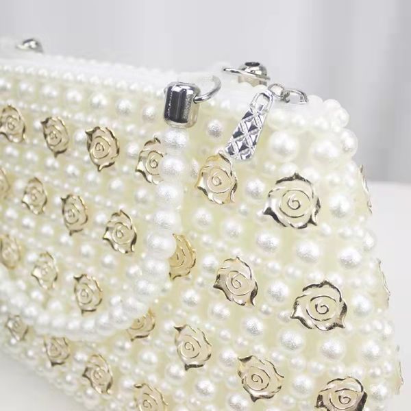 White 6mm Pearl Clutch Handbag Hand Woven Gold Rose shape OEM ODM