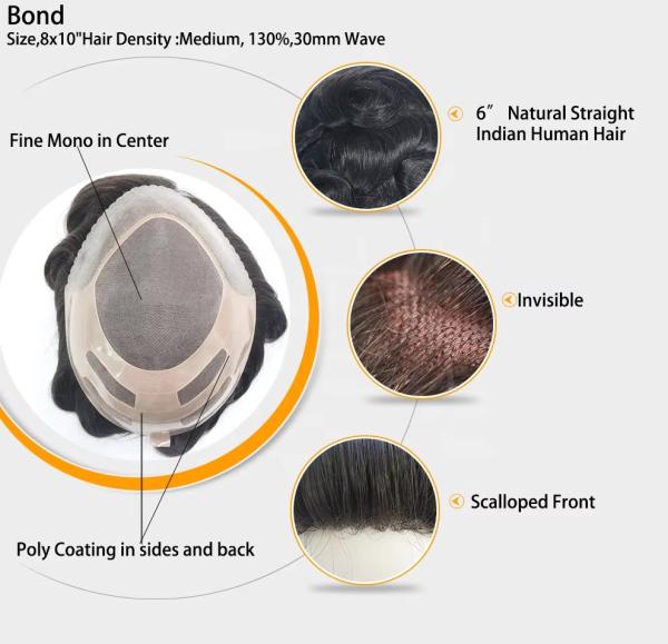 Fine mono Human Hair Unit for Men Invisible Hair Knots and Natural front Scallop