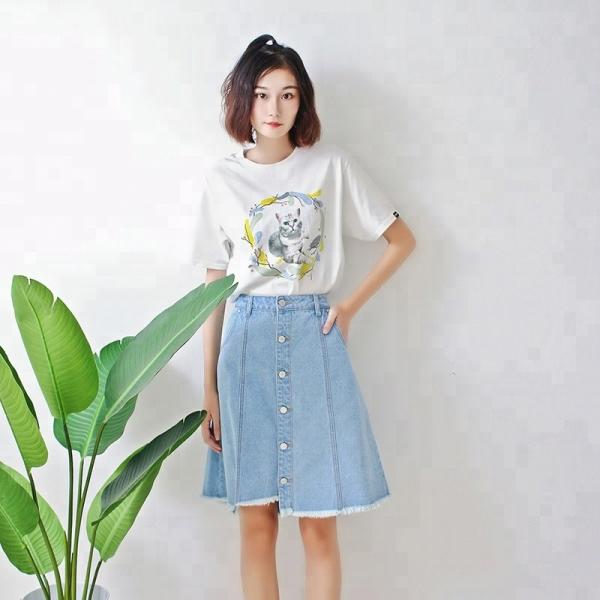 Summer Cool Casual Medium Length Slim Fit A Line Denim Skirt For Yound Ladies