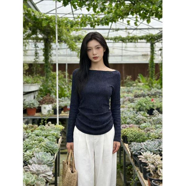 Glamorous Textured Ruched One-Shoulder Long Sleeve Top - Effortless Chic for Date Nights & Street Style (Navy Blue / Burgundy)