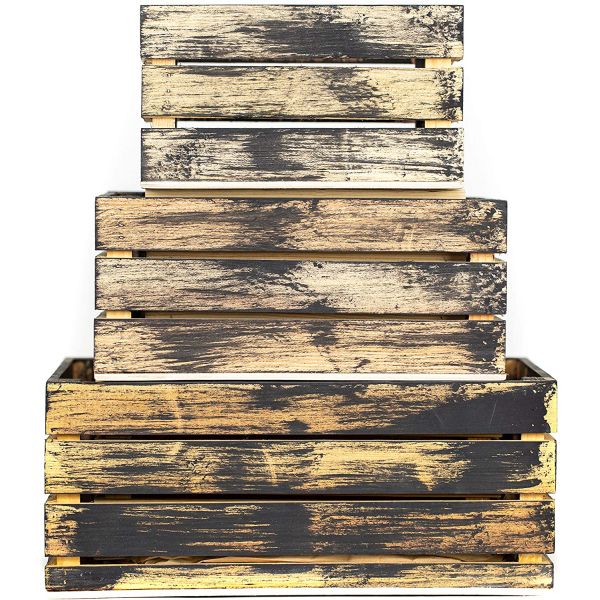 Set of 3 Small Mini Wood Storage Crates with Handles Rustic Finish Printing Burned