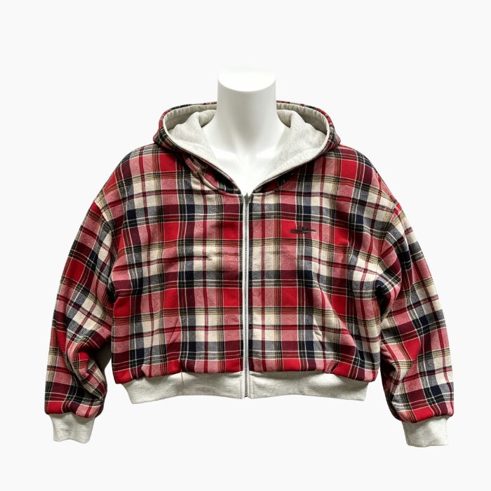 Plaid Lined Zip Up Hooded Sweatshirt Jacket, Oversized Loose Contrast Check Inner Hoodie 3 Colors Cross-Border Wholesale for Autumn