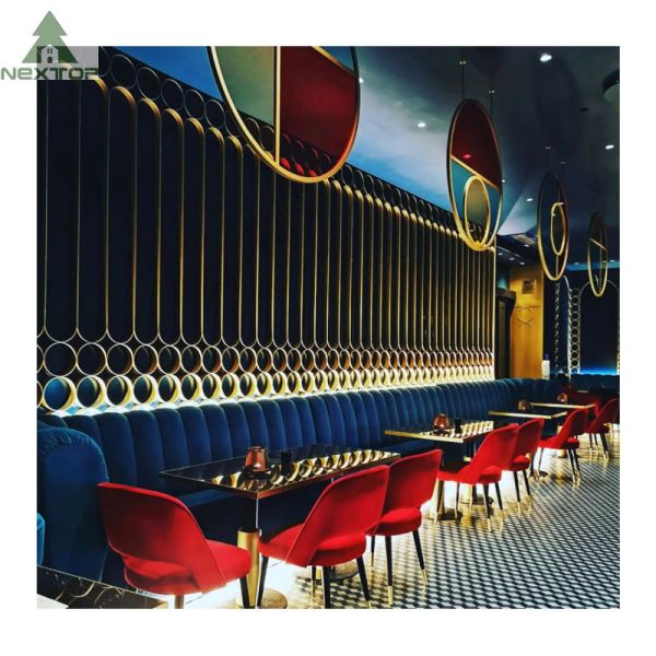 Retro One Stop Solution Bar Restaurant Booth Seating Long Couch Railing Screen Wall Cabinet