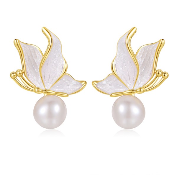 Fashion Maple Leaf Pearl Earring 14K Gold Plated Flower Studs 925 Silver Needle Hypoallergenic Butterfly Earrings
