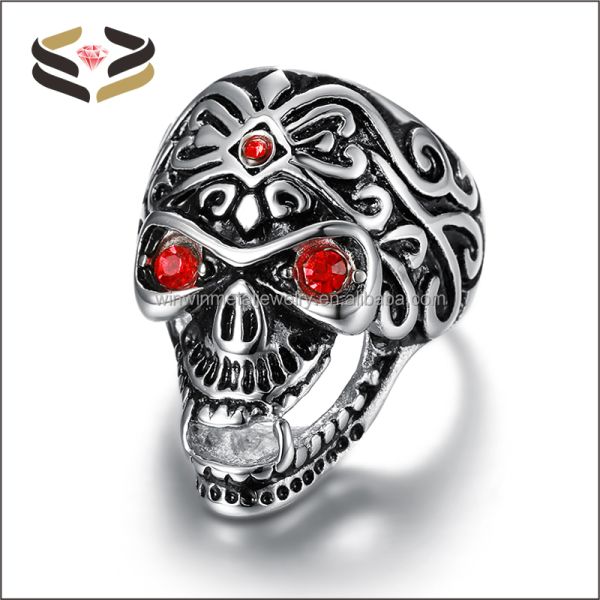 Vintage Flower Carved Stainless Steel Men's Ring with Red Crystal Eye and Halloween Party Accessory