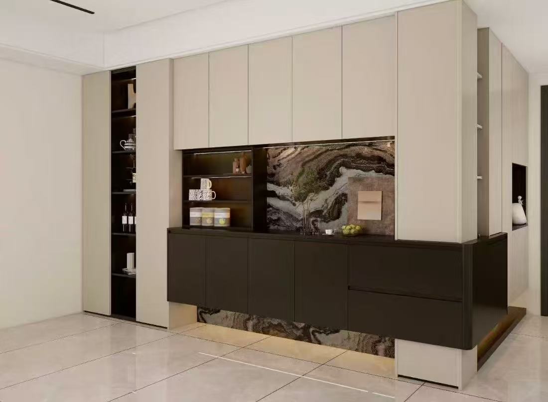 Modern Floating Dining Sideboard & Marble Backsplash Coffee Bar Cabinet Unit