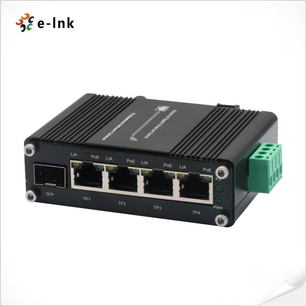 ミニ 4 ポート PoE + 1 ポート SFP インダストリアルイーサネットスイッチ、12～48VDC 電圧ブースター