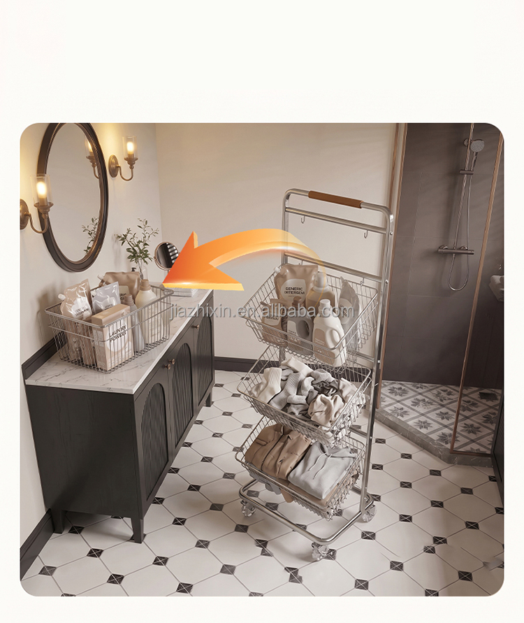 Double Tier 304 Stainless Steel Modern Non-Folding Laundry Basket & Storage Rack Wheels Mobile Unit for Bathroom Balcony