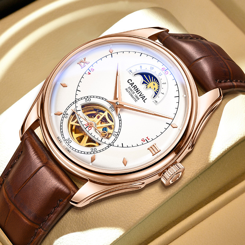 Carnival Automatic Mechanical Watch Moon Phase Skeleton Dial Leather Strap Men Wrist Watch
