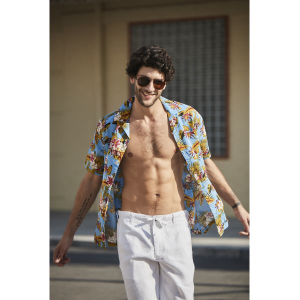 colorful Men's Casual Short Sleeve Shirts Summer Blue Printed