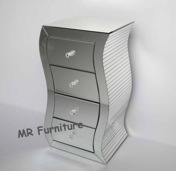 S Shape Silver Mirrored Chest , 4 Drawers Mirrored Bedroom Dresser Wooden Base