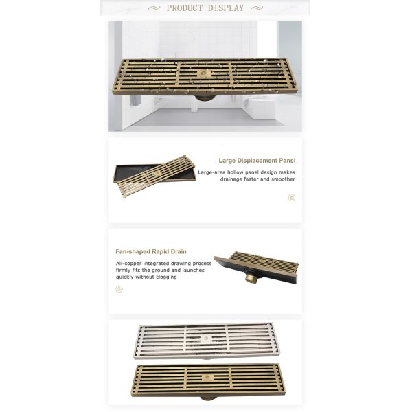 Rectangular Long Brass Floor Drain Insert for Bathroom Shower for Hotel Use