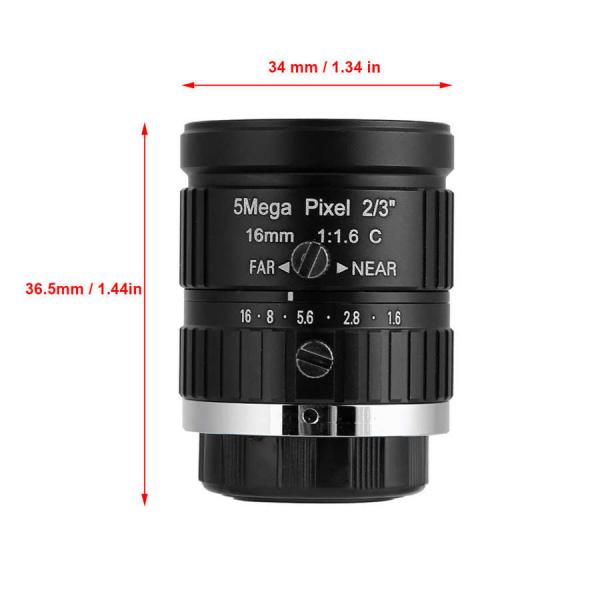 16mm HD 2/3 C Port  5MP F1.6 Industrial Camera Lens 17.53mm BFL