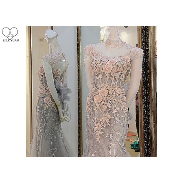 Purple And Pink Lace Mermaid Prom Dress High Collar Backless Flowers Tulle Tail