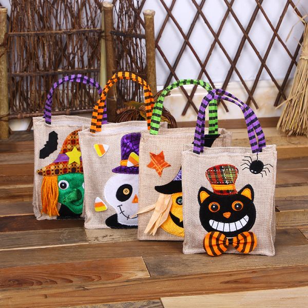 Open Closure Reusable Halloween Pumpkin Witch Skeleton Linen Bag for Candy Collection