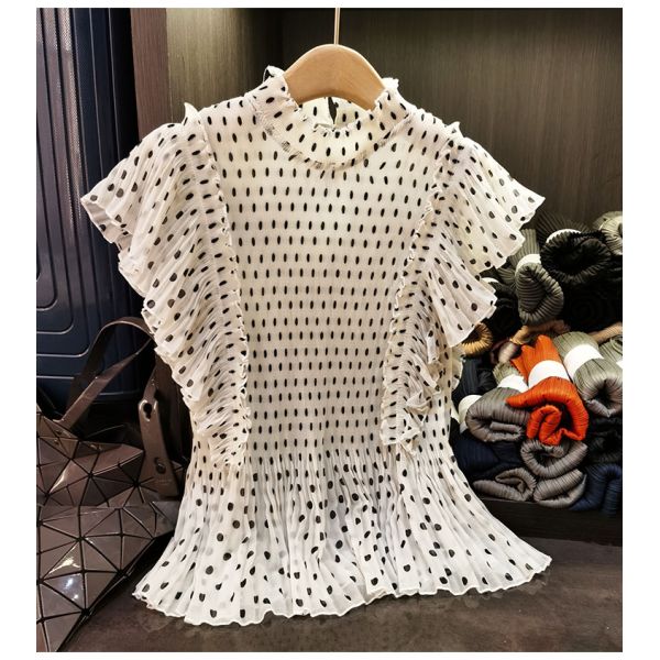 French-Style Elegant Short-Sleeve T-Shirt High-End New Summer Age-Reducing Lightweight Top Polka-Dot Print Lotus Leaf Hem Loose