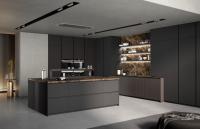 Armários de cozinha preto modernos estilo moderno com bar de jantar
