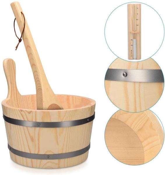 Traditional Sauna Wooden Bucket With Pocket Spa Essential Accessory For Steam Bath Pine Wood Bucket Liner Pocket Plastic Sand Timer