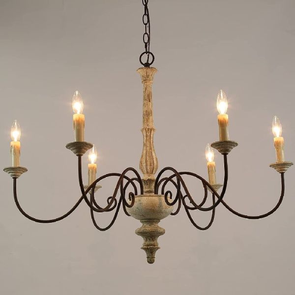Antique Gold Floral Iron Frame Wooden Crystal Chandelier with Adjustable Height for Living Room Dining Room