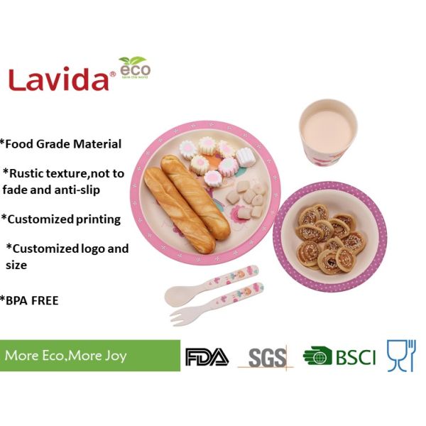 BPA Free School Bamboo Childrens Dinner Set , Round 5 Pieces Baby Bamboo Dinner Set