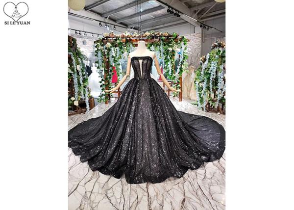Black Custom Beautiful Sparkly Prom Dresses Strapless Bust Hollow Shining Beads