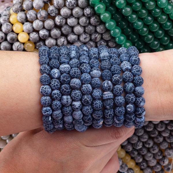 Dark Blue Weathered Agate Loose Bead Strands Semi Precious Stone Matt Frosted Cracked Agate for DIY Jewelry Making