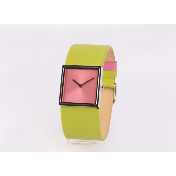 Square Stainless Steel Watches Leather Band For Ladies , Quartz Hand Watch