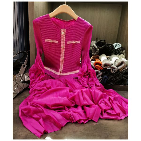 European Station Mid-Length Pleated Skirt New Fashion Neck Splicing Slim Dress Casual Chiffon Natural Waistline Day