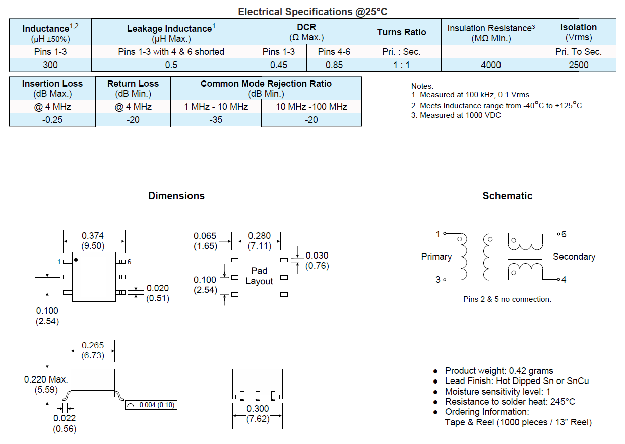 Трансформатор SMPS EPF8305G-LF BMS оптимизированный для 1Mbps изолировал серийные сообщения