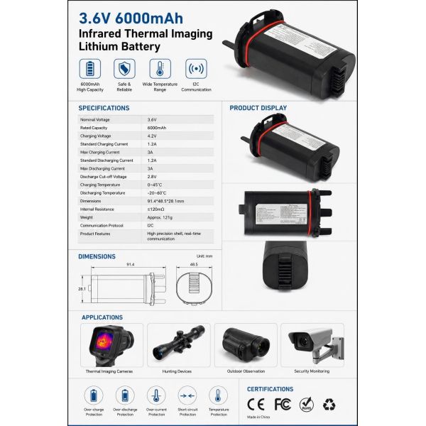 3.6V 6000mAh Lithium Battery High Capacity Long-Lasting For Infrared Thermal Imager