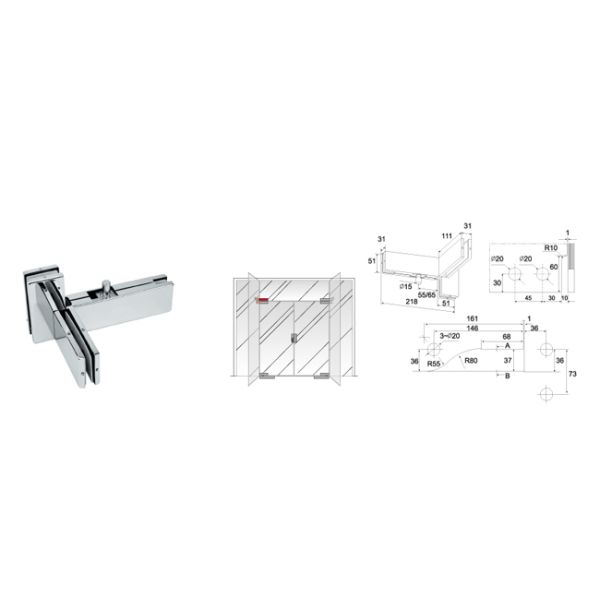 Glass Patch Fitting A-040R, Material aluminium, steel, stainless steel, finishing satin, mirror