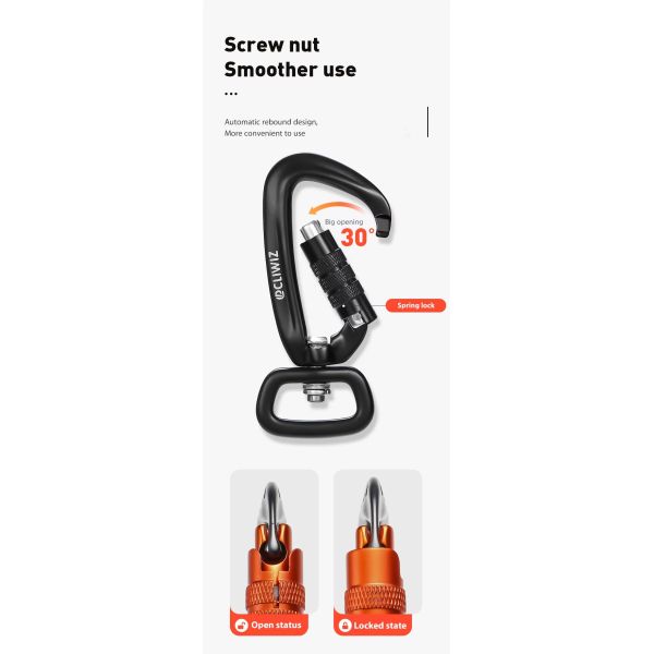 Industrie lourde 4KN Noir Auto verrouillage en aluminium pivotant Carabiner Snap Crochet pour laisse de chien