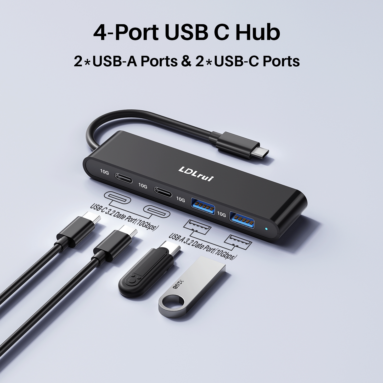 Silver / Black 4 Port USB C Hub 10Gbps USB C And A Hub For Laptop PC Mac External SSD