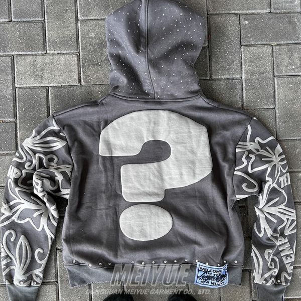 Camisetas con cremallera personalizadas de huellas de oro con capucha Acid Wash Grey Vintage Puff Print Camiseta con capucha de peso pesado con caída de hombro Camisetas con capucha y sudaderas para hombres