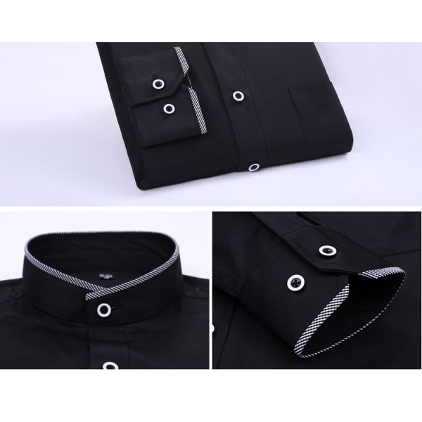 Cerradura de botón cubierto camisa de negocios de hombre en blanco y negro con cuello de pie