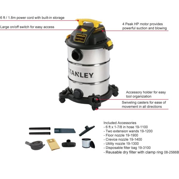 Portable 8 Gallon Wet Dry VAC 30L 4 HP Stainless Steel Compact Design