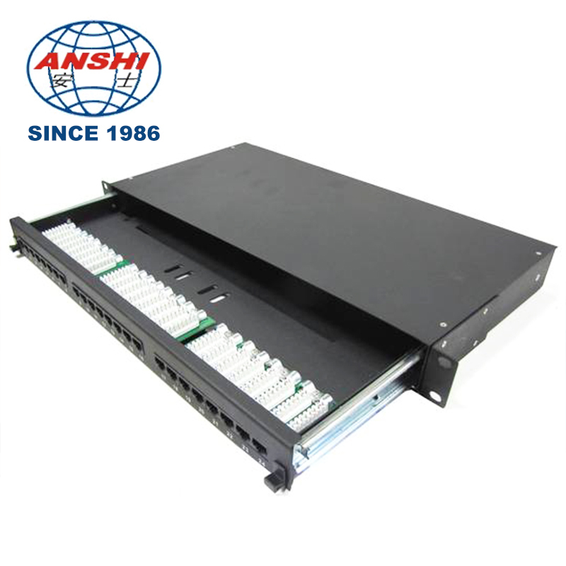 1U 24 Port Cat5e UTP RJ45 Patch Panel With Removable Drawer, Black Rack Mount Network Patch Panel