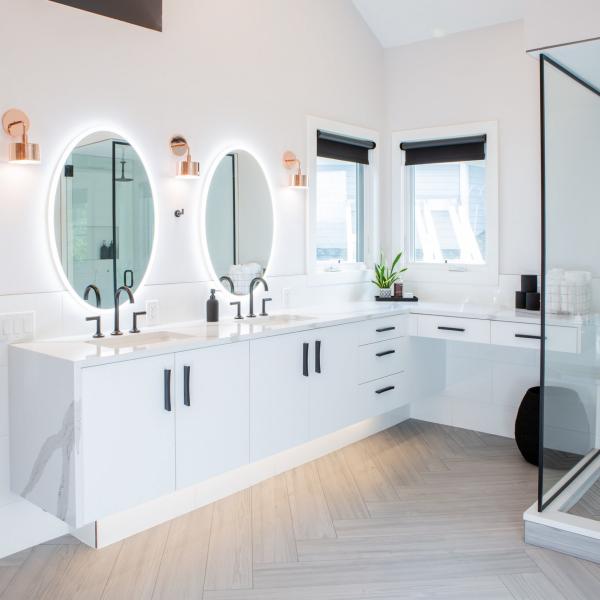 Double Sink Waterproof Bathroom Vanity Units Modern Wood Matte White Plain Lacquer