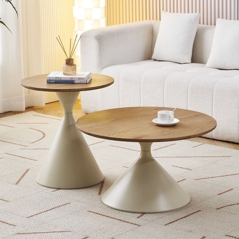 Creative Cream-Style Round Wood and Metal Tea/Coffee Table Minimalist Mobile Sofa Side Table for Small Spaces Home Living Room