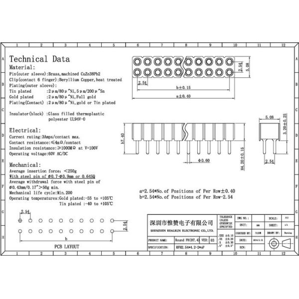 Machined Round Female Pin Header Connector DIP PPS 2.54mm 180°  UL94V 0